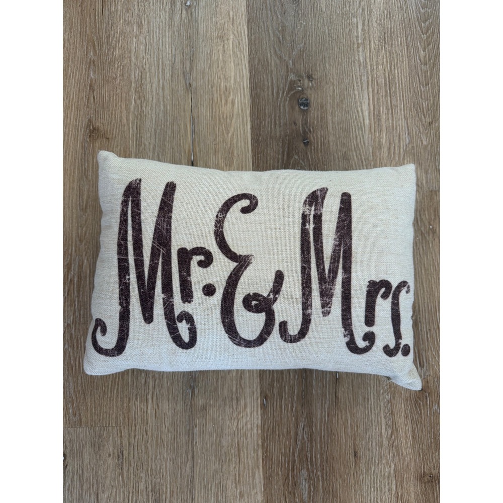 Mr & Mrs Pillow OS Cream Brown Farmhouse Wedding‎ Decor Lumbar Cushion